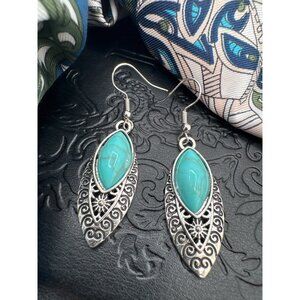 2/$24 Silver-Tone Dangle Earrings Turquoise Stone & Intricate Filigree Design